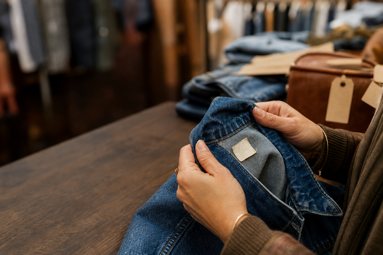 Hands inspecting the tag and stitching of a vintage denim jacket.