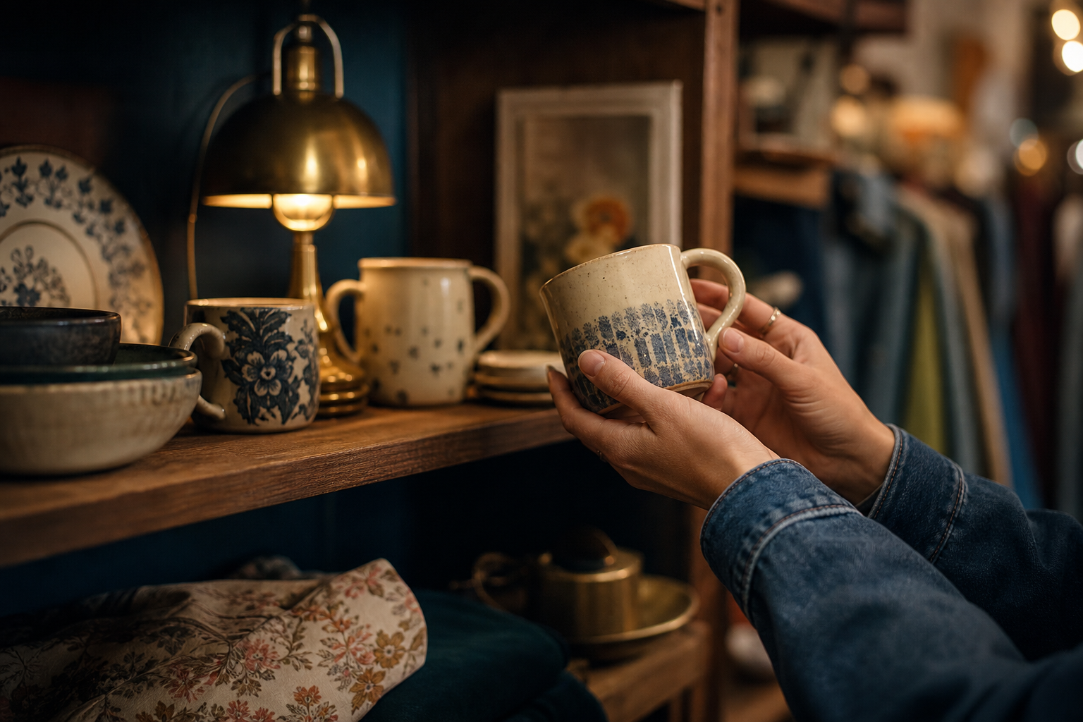 Hands selecting a nostalgic ceramic mug from a curated thrift shelf.